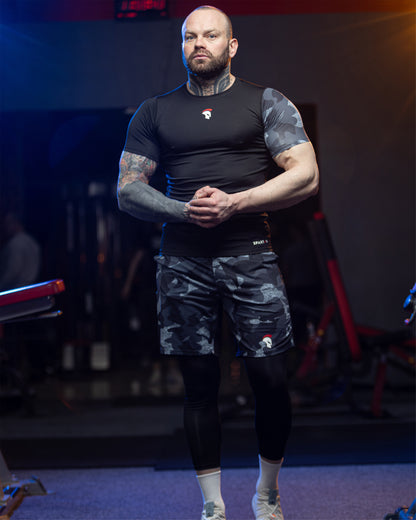 Zestaw odzieży sportowej kompresyjnej 3in1 Koszulka Rushguard z krótkim rękawem Spodnie kompresyjne legginsy Szorty 3x Spartan Grey&Camo