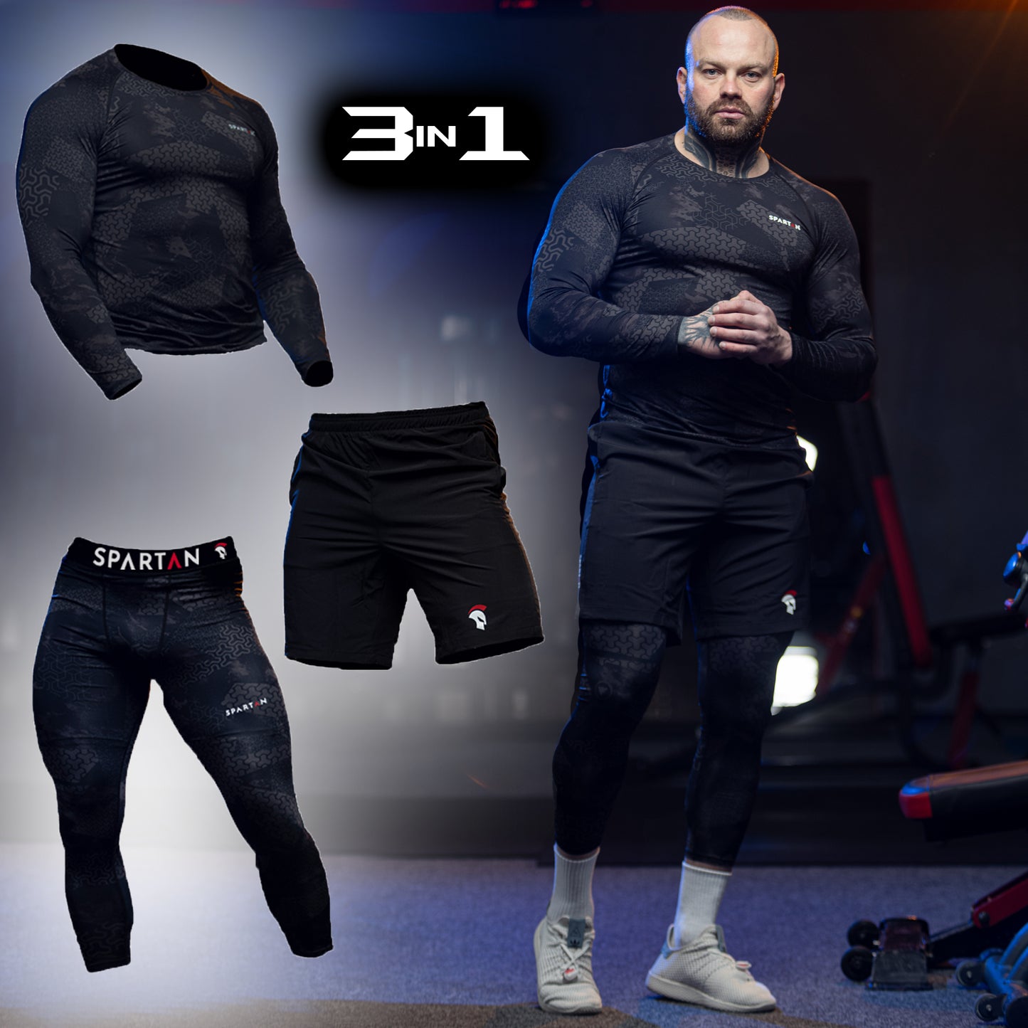 Zestaw odzieży sportowej kompresyjnej 3in1 Koszulka Rushguard z długim rękawem Spodnie kompresyjne legginsy Szorty 3x Spartan Black&Grey