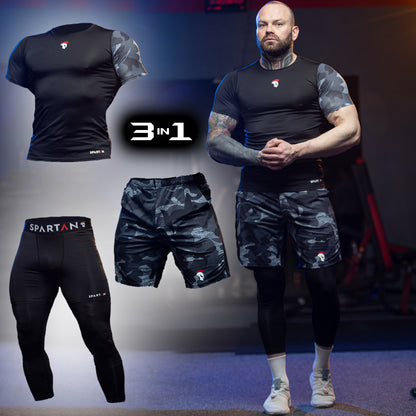 Zestaw odzieży sportowej kompresyjnej 3in1 Koszulka Rushguard z krótkim rękawem Spodnie kompresyjne legginsy Szorty 3x Spartan Grey&Camo