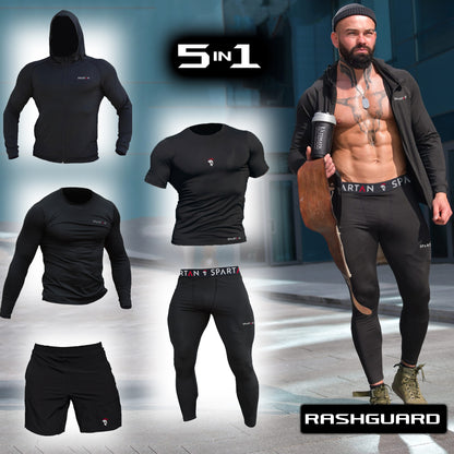 Kompresyjny zestaw 5in1 Bluza z kapturem 2x Koszulka Rushguard z krótkim/długim rękawem legginsy kompresyjne szorty 5x Spartan Black