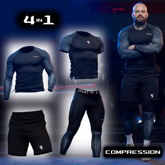 Zestaw odzieży sportowej kompresyjnej 2x Koszulka Rushguard z krótkim/długim rękawem Spodnie kompresyjne legginsy Szorty Spartan 4x Black&Blue