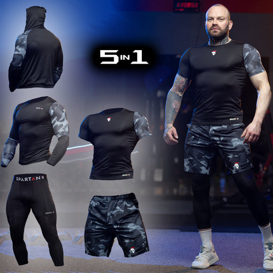 Kompresyjny zestaw 5in1 Bluza z kapturem 2x Koszulka Rushguard z krótkim/długim rękawem legginsy kompresyjne szorty 5x Spartan Grey&Camo